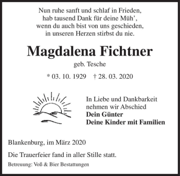 Traueranzeige von Magdalena Fichtner (geb. Tesche)  von Magdeburger Volksstimme