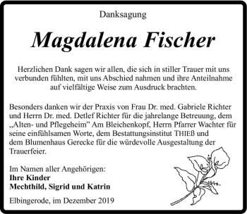 Traueranzeige von Magdalena Fischer  von Magdeburger Volksstimme