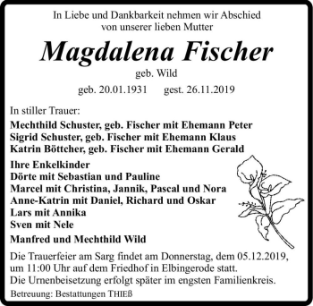 Traueranzeige von Magdalena Fischer (geb. Wild)  von Magdeburger Volksstimme