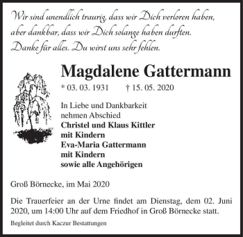 Traueranzeige von Magdalena Gattermann  von Magdeburger Volksstimme