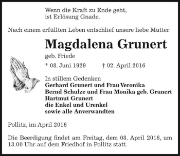 Traueranzeige von Magdalena Grunert (geb. Friede)  von Magdeburger Volksstimme