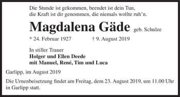 Traueranzeige von Magdalena Gäde (geb. Schulze)  von Magdeburger Volksstimme