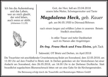 Traueranzeige von Magdalena Heck (geb. Kauer)  von Magdeburger Volksstimme