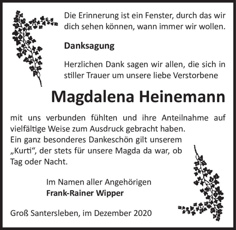  Traueranzeige für Magdalena Heinemann  vom 05.12.2020 aus Magdeburger Volksstimme