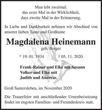 Traueranzeige von Magdalena Heinemann (geb. Berger)  von Magdeburger Volksstimme