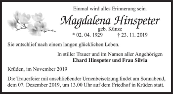 Traueranzeige von Magdalena Hinspeter (geb. Künze)  von Magdeburger Volksstimme