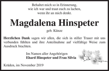 Traueranzeige von Magdalena Hinspeter (geb. Künze)  von Magdeburger Volksstimme