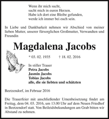 Traueranzeige von Magdalena Jacobs  von Magdeburger Volksstimme