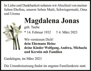 Traueranzeige von Magdalena Jonas (geb. Taube)  von Magdeburger Volksstimme