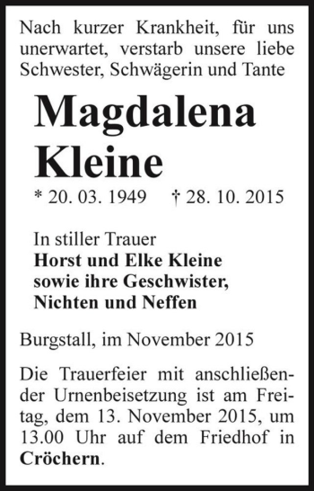 Traueranzeige von Magdalena Kleine  von Magdeburger Volksstimme