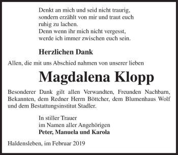 Traueranzeige von Magdalena Klopp  von Magdeburger Volksstimme