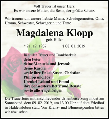 Traueranzeige von Magdalena Klopp (geb. Hiller)  von Magdeburger Volksstimme