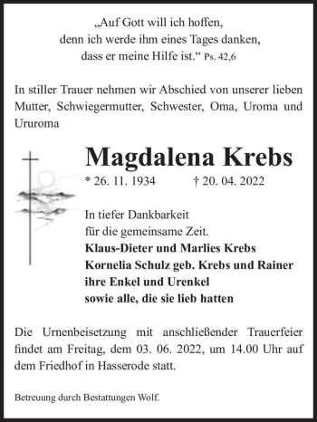 Traueranzeige von Magdalena Krebs  von Magdeburger Volksstimme