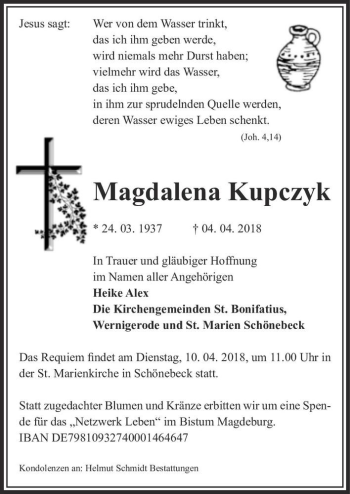 Traueranzeige von Magdalena Kupczyk  von Magdeburger Volksstimme