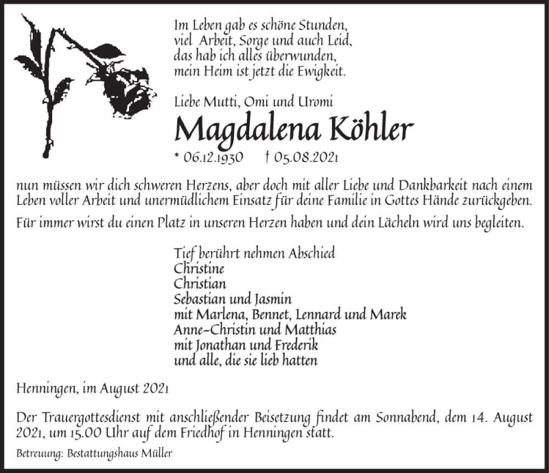  Traueranzeige für Magdalena Köhler  vom 10.08.2021 aus Magdeburger Volksstimme