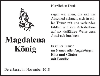 Traueranzeige von Magdalena König  von Magdeburger Volksstimme
