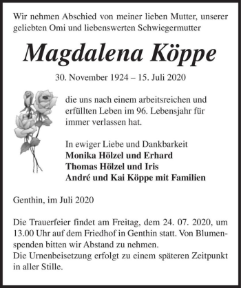 Traueranzeige von Magdalena Köppe  von Magdeburger Volksstimme