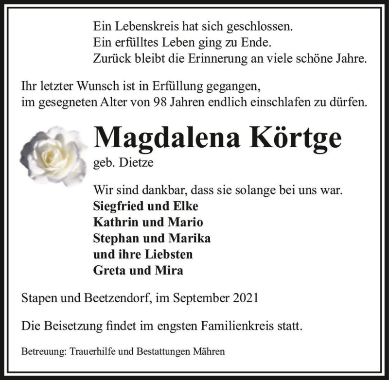  Traueranzeige für Magdalena Körtge (geb. Dietze)  vom 03.09.2021 aus Magdeburger Volksstimme