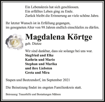 Traueranzeige von Magdalena Körtge (geb. Dietze)  von Magdeburger Volksstimme