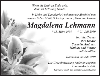 Traueranzeige von Magdalena Lehmann  von Magdeburger Volksstimme