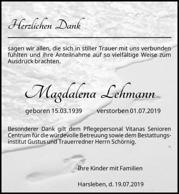 Traueranzeige von Magdalena Lehmann  von Magdeburger Volksstimme