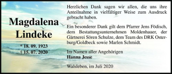 Traueranzeige von Magdalena Lindeke  von Magdeburger Volksstimme