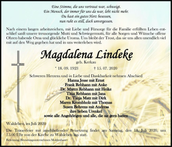 Traueranzeige von Magdalena Lindeke (geb. Kerkau)  von Magdeburger Volksstimme
