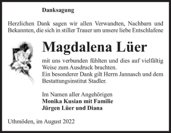 Traueranzeige von Magdalena Lüer  von Magdeburger Volksstimme