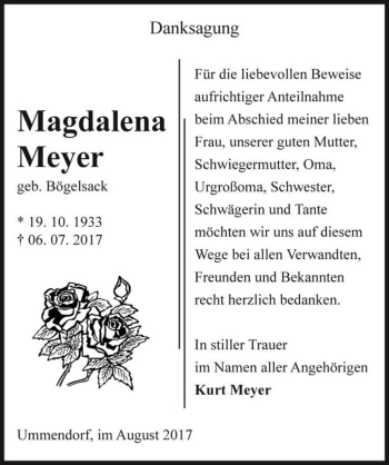 Traueranzeige von Magdalena Meyer (geb. Bögelsack)  von Magdeburger Volksstimme