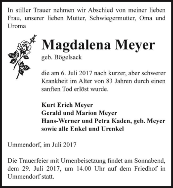 Traueranzeige von Magdalena Meyer (geb. Bögelsack)  von Magdeburger Volksstimme