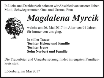 Traueranzeige von Magdalena Myrcik  von Magdeburger Volksstimme