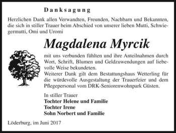 Traueranzeige von Magdalena Myrcik  von Magdeburger Volksstimme