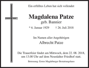 Traueranzeige von Magdalena Patze (geb. Bannier)  von Magdeburger Volksstimme