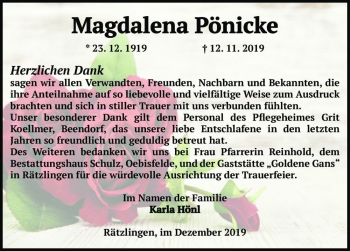 Traueranzeige von Magdalena Pönicke  von Magdeburger Volksstimme