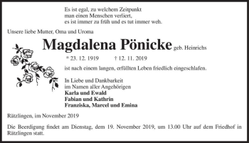 Traueranzeige von Magdalena Pönicke (geb. Heinrichs)  von Magdeburger Volksstimme