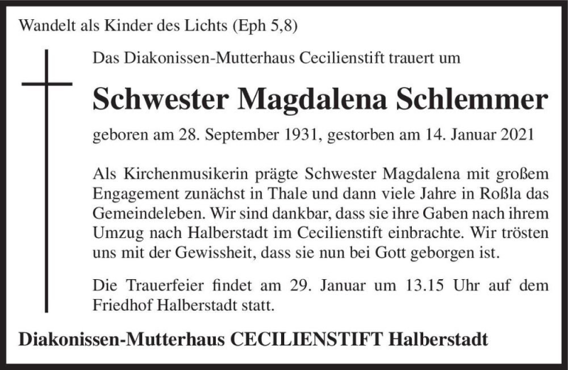  Traueranzeige für Magdalena Schlemmer  vom 23.01.2021 aus Magdeburger Volksstimme