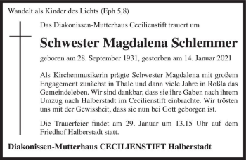 Traueranzeige von Magdalena Schlemmer  von Magdeburger Volksstimme