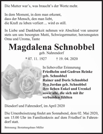 Traueranzeige von Magdalena Schnobbel (geb. Nahrendorf)  von Magdeburger Volksstimme