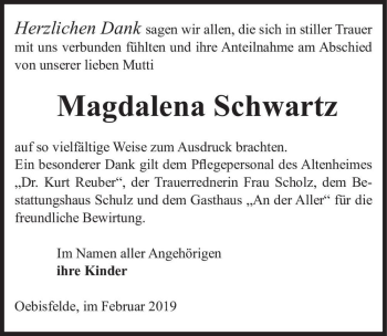 Traueranzeige von Magdalena Schwartz  von Magdeburger Volksstimme