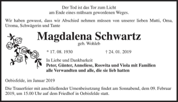 Traueranzeige von Magdalena Schwartz (geb. Wohleb)  von Magdeburger Volksstimme