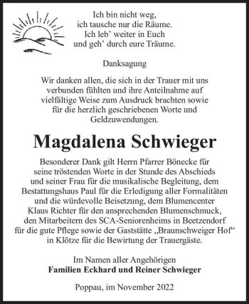 Traueranzeige von Magdalena Schwieger  von Magdeburger Volksstimme