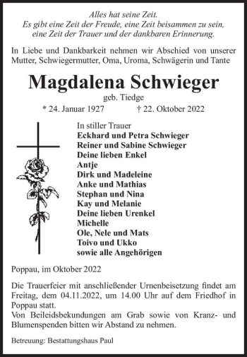 Traueranzeige von Magdalena Schwieger (geb. Tiedge)  von Magdeburger Volksstimme