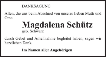 Traueranzeige von Magdalena Schütz (geb. Schwarz)  von Magdeburger Volksstimme