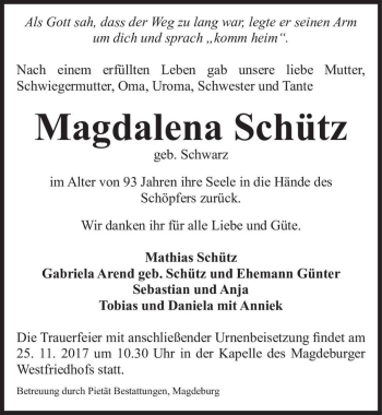 Traueranzeige von Magdalena Schütz (geb. Schwarz)  von Magdeburger Volksstimme