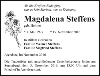 Traueranzeige von Magdalena Steffens (geb. Hellner)  von Magdeburger Volksstimme