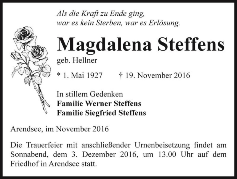  Traueranzeige für Magdalena Steffens (geb. Hellner)  vom 24.11.2016 aus Magdeburger Volksstimme