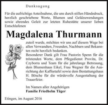 Traueranzeige von Magdalena Thurmann  von Magdeburger Volksstimme