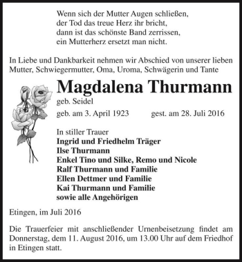 Traueranzeige von Magdalena Thurmann (geb. Seidel)  von Magdeburger Volksstimme