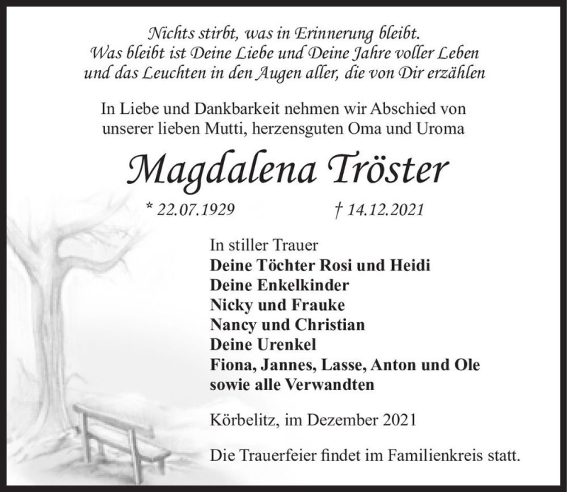  Traueranzeige für Magdalena Tröster  vom 18.12.2021 aus Magdeburger Volksstimme