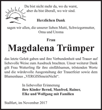 Traueranzeige von Magdalena Trümper  von Magdeburger Volksstimme